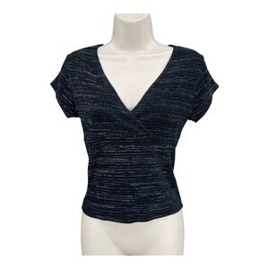 Y2K RJ Connection Faux Wrap Shirt Women Size M Black 90s Metallic Fitted Top USA